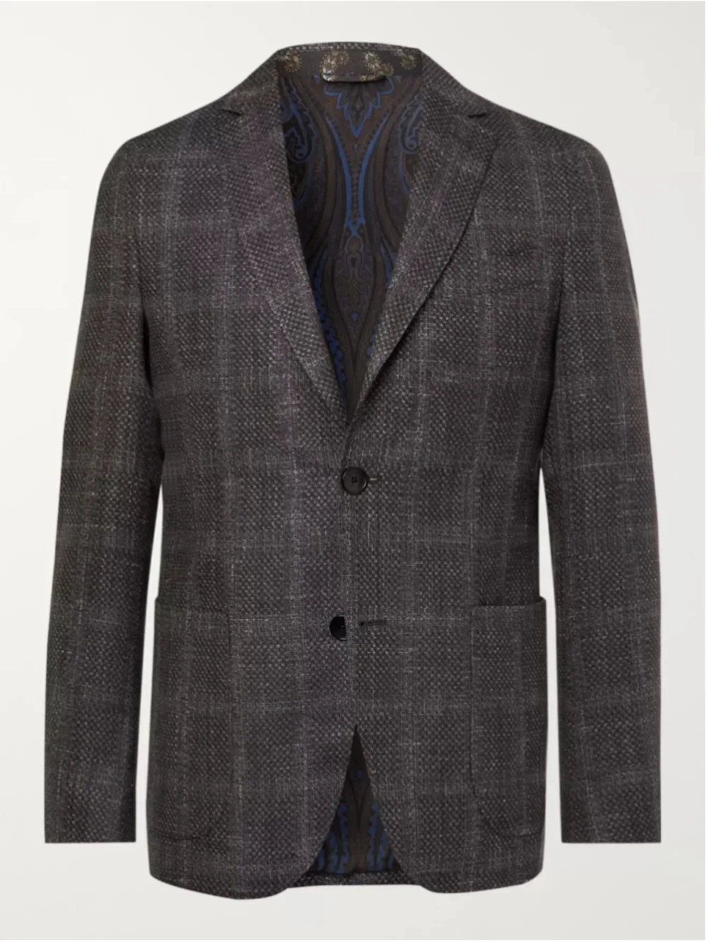 Etro Sport Coat Blazer, Grey and Blue, Paisley Lining 54 44R wool linen silk